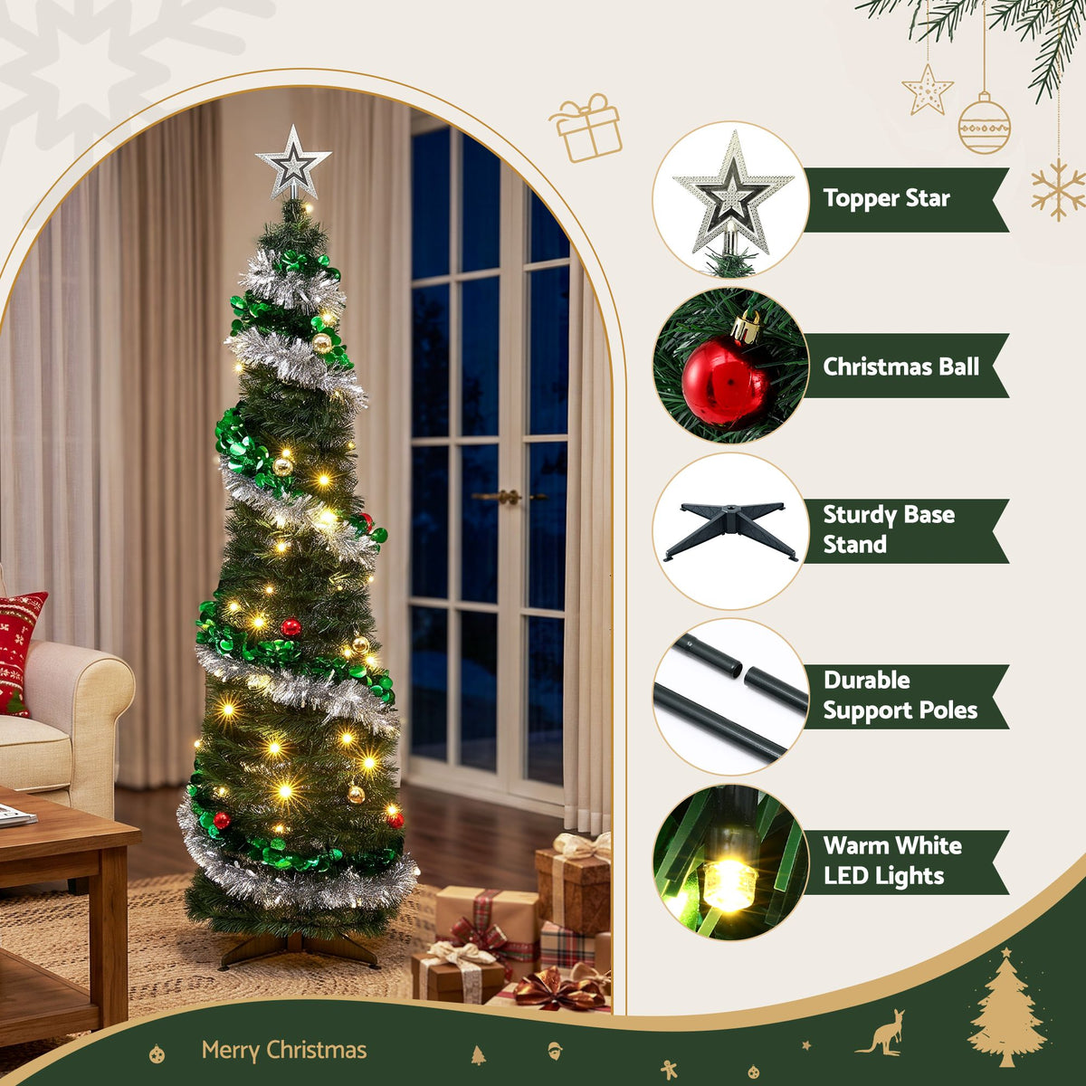 155cm Pre-Decorated Pop-Up Christmas Tree with 50 Warm White LEDs - Illuminated Night-Time Outdoor Display View