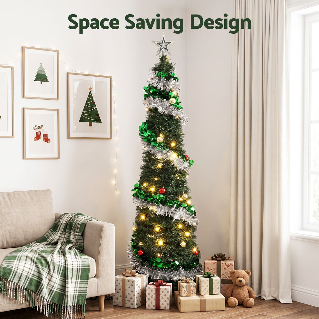 155cm Pre-Decorated Pop-Up Christmas Tree with 50 Warm White LEDs - Close-Up Weatherproof & LED Detail