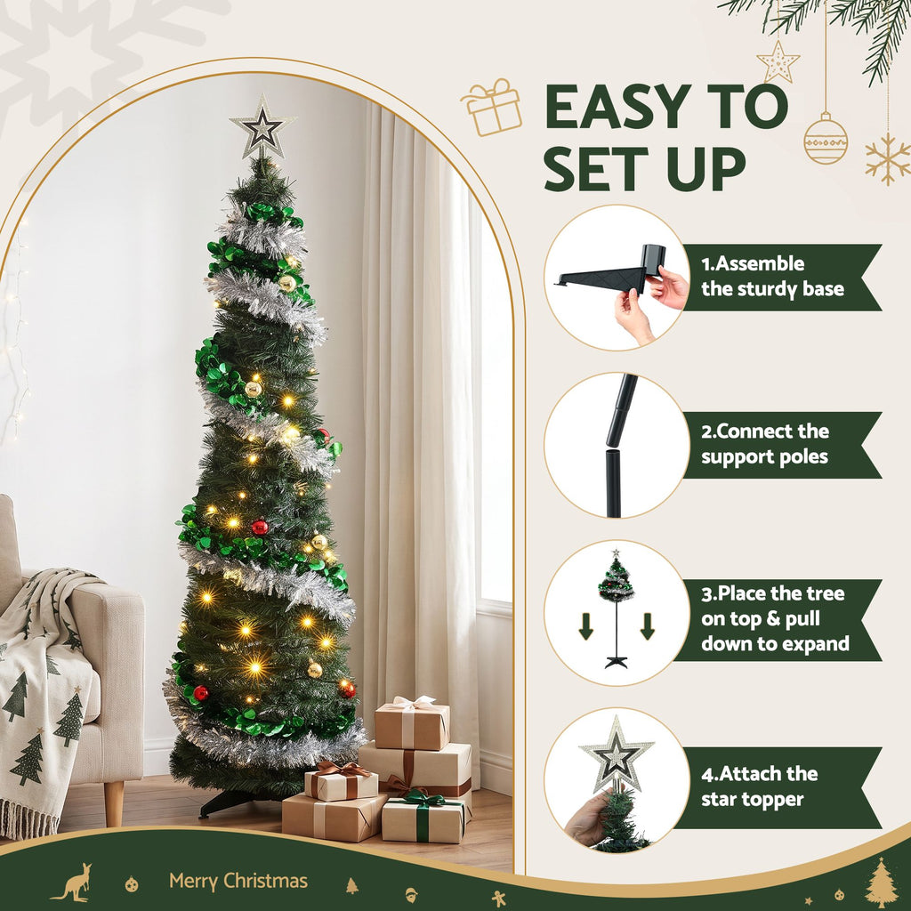 155cm Pre-Decorated Pop-Up Christmas Tree with 50 Warm White LEDs - Australian Backyard & Living Room Lifestyle View