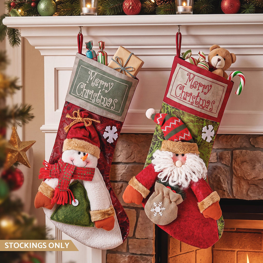 2-Pack Large 43.5cm 3D Plush Santa & Snowman Christmas Stockings - Front Main Product View | Jolly Wonderland Australia