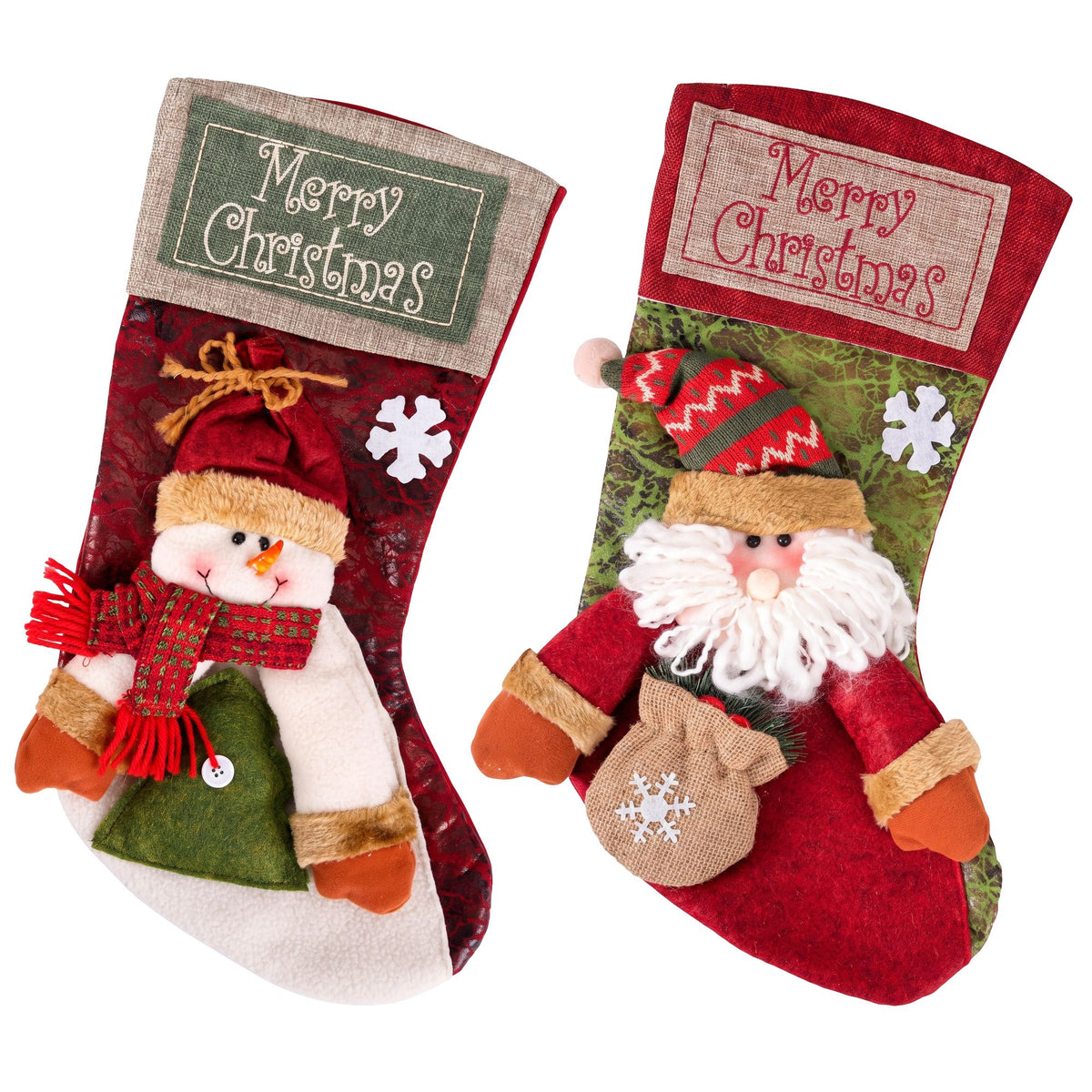 2-Pack Large 43.5cm 3D Plush Santa & Snowman Christmas Stockings - Night-Time LED Illumination Glow View | Jolly Wonderland Australia