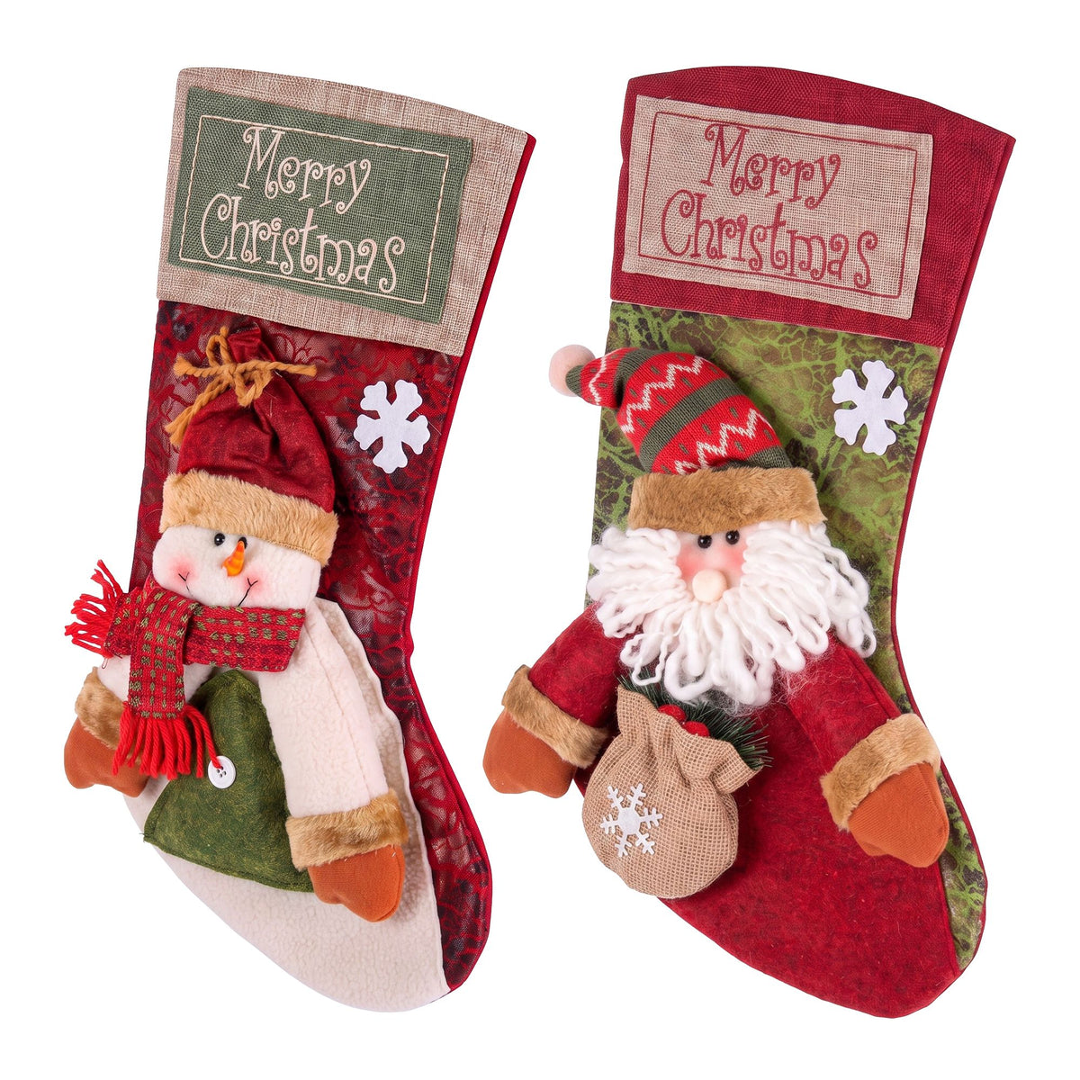 2-Pack Large 43.5cm 3D Plush Santa & Snowman Christmas Stockings - Close-Up Material & LED Detail View | Jolly Wonderland Australia