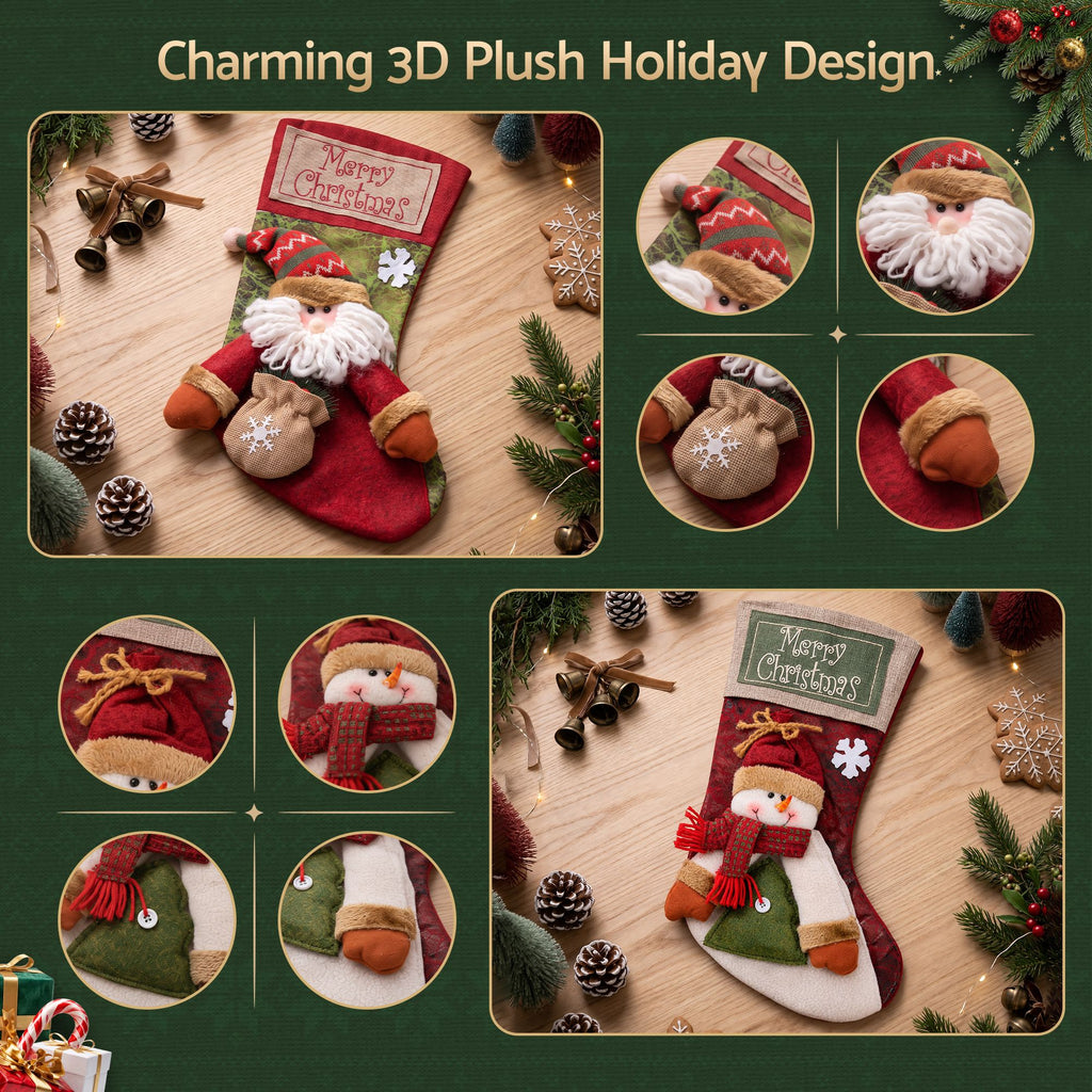 2-Pack Large 43.5cm 3D Plush Santa & Snowman Christmas Stockings - Full Dimensions & Size Reference Diagram | Jolly Wonderland Australia