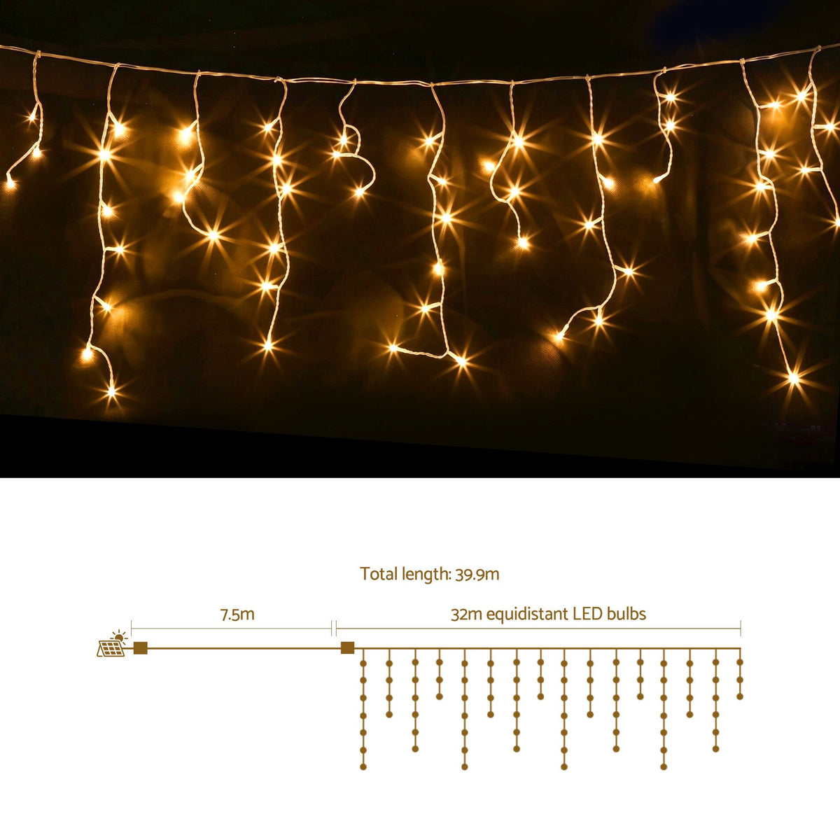 32m 960-LED Solar Christmas Icicle Roofline Lights Warm White - Illuminated Night-Time Outdoor Display View