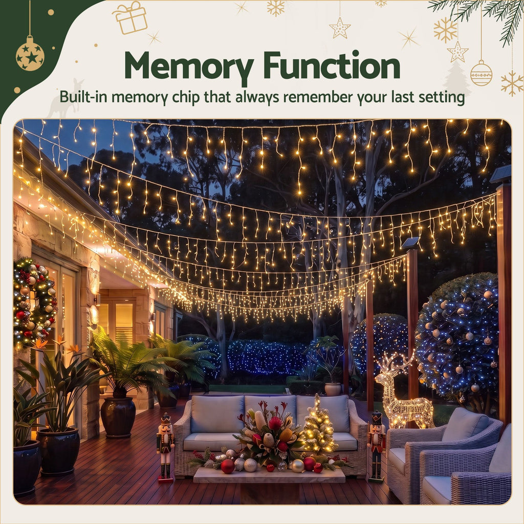 32m 960-LED Solar Christmas Icicle Roofline Lights Warm White - Australian Backyard & Living Room Lifestyle View
