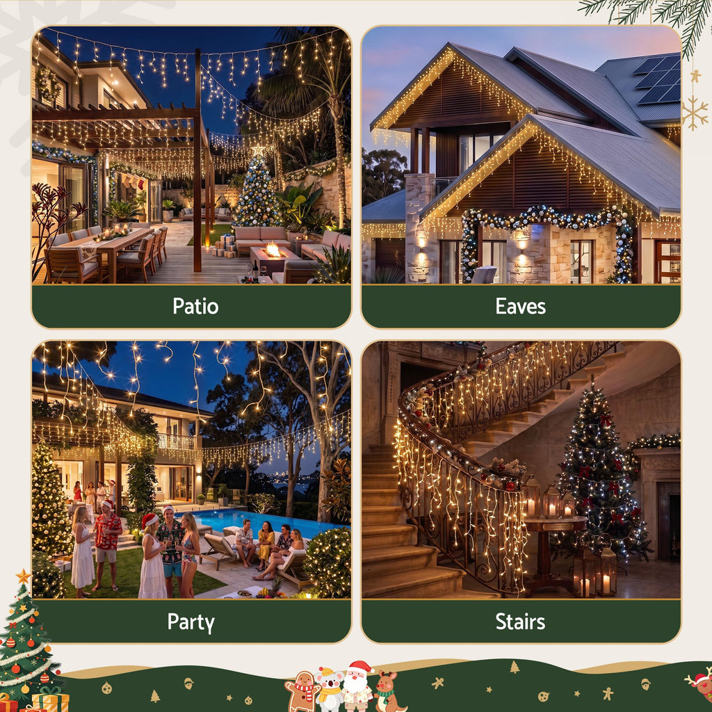32m 960-LED Solar Christmas Icicle Roofline Lights Warm White - Complete Package Contents & Accessories