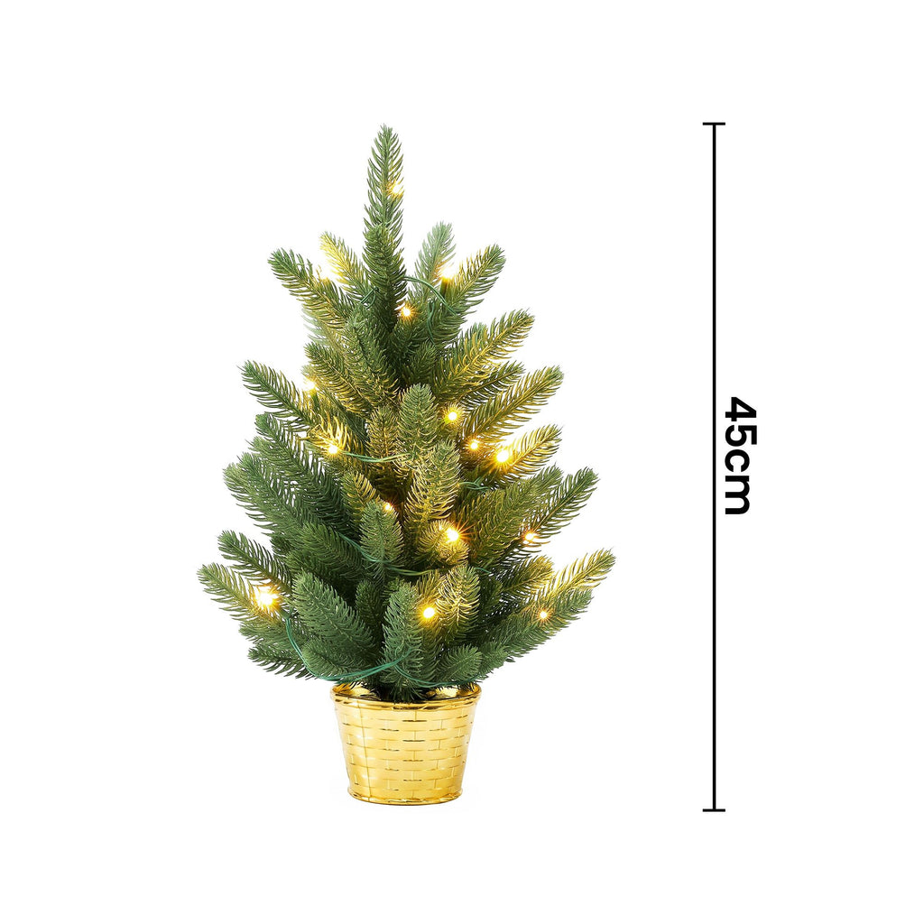 45cm Pre-Lit Mini Tabletop Christmas Tree with Gold Pot Base (20 LEDs) - Night-Time LED Illumination Glow View | Jolly Wonderland Australia