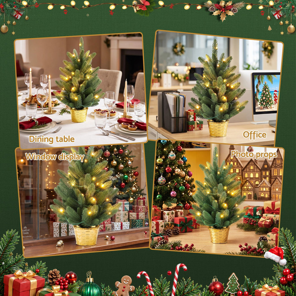 45cm Pre-Lit Mini Tabletop Christmas Tree with Gold Pot Base (20 LEDs) - Complete Package Contents & Accessories View | Jolly Wonderland Australia