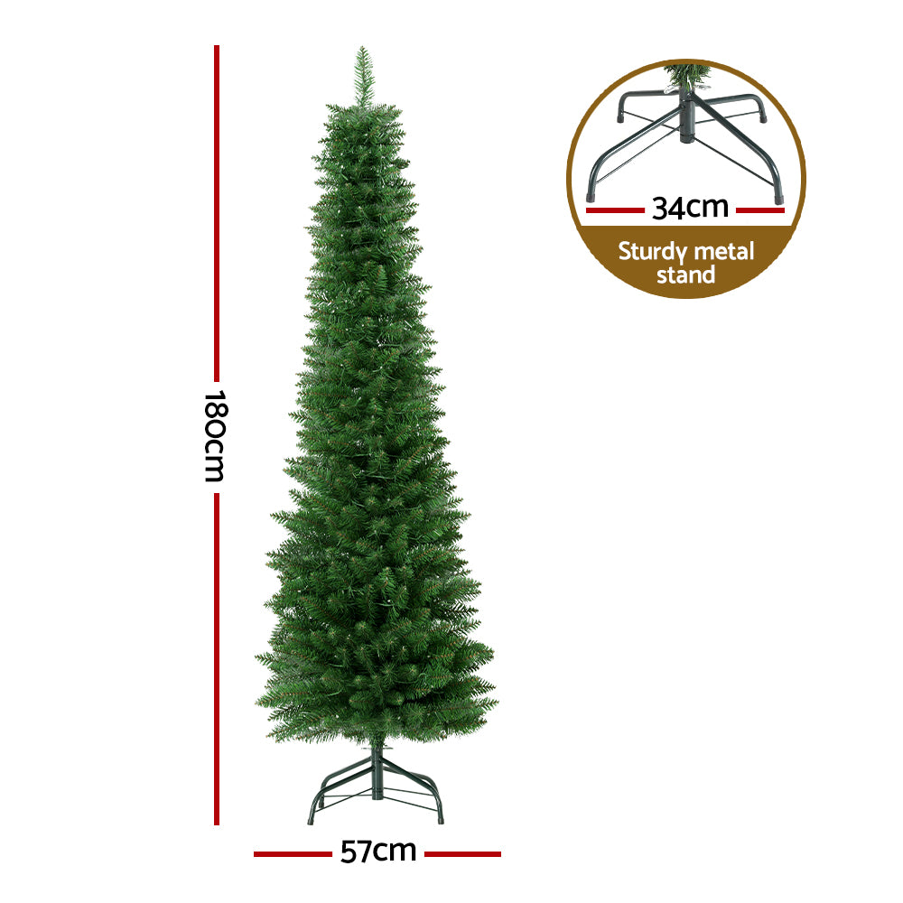 1.8m 6ft Pre-Lit Slim Pencil Christmas Tree 200 Warm White LEDs - Illuminated Night-Time Outdoor Display View