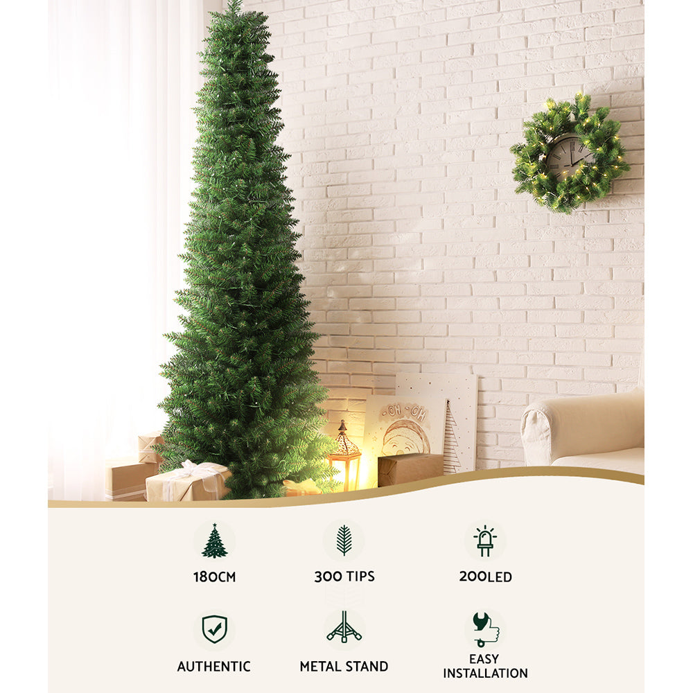 1.8m 6ft Pre-Lit Slim Pencil Christmas Tree 200 Warm White LEDs - Dimensions & Size Guide Diagram