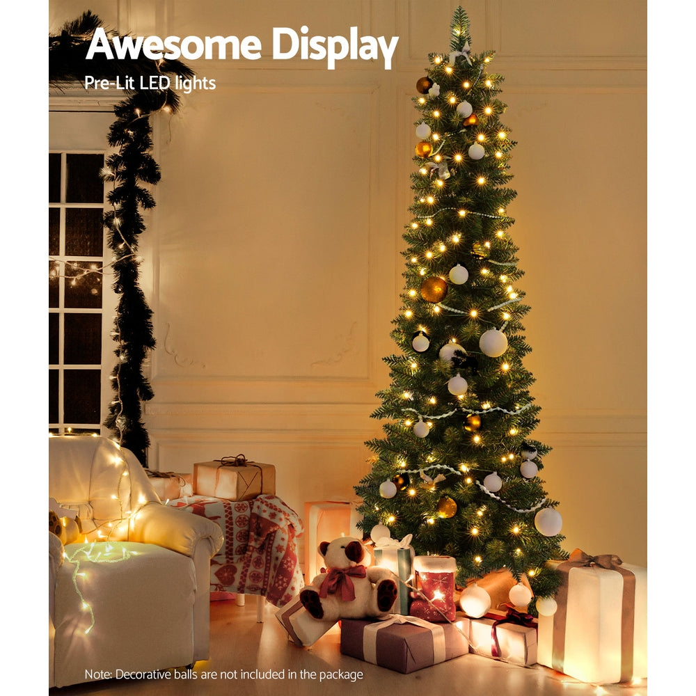 1.8m 6ft Pre-Lit Slim Pencil Christmas Tree 200 Warm White LEDs - Close-Up Weatherproof & LED Detail