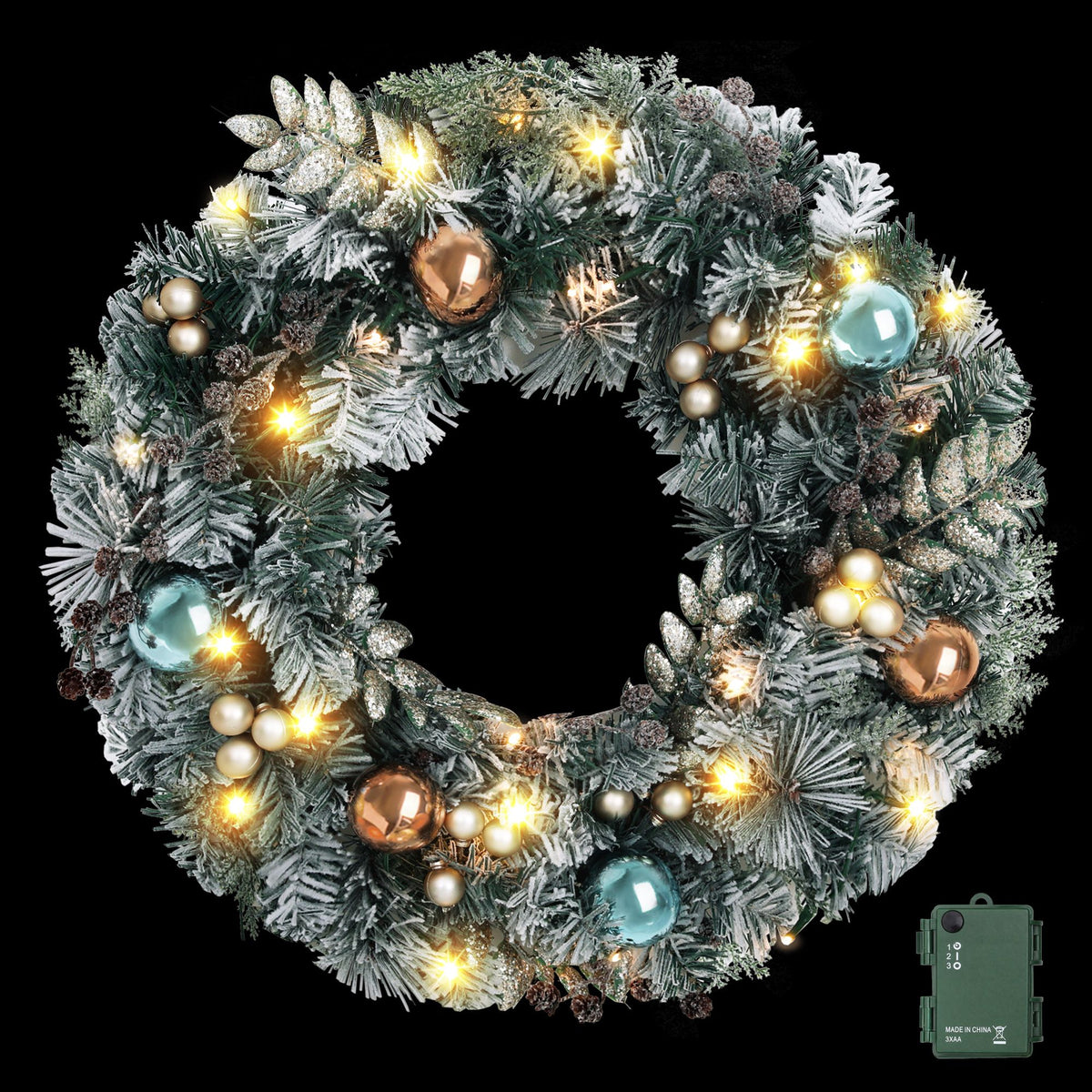 60cm Pre-Lit Snowy Frosted Christmas Door Wreath with 40 LEDs - Main Studio Product View - Jolly Wonderland Australia