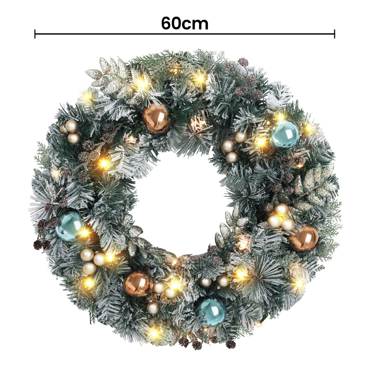 60cm Pre-Lit Snowy Frosted Christmas Door Wreath with 40 LEDs - Illuminated Night-Time Outdoor Display View