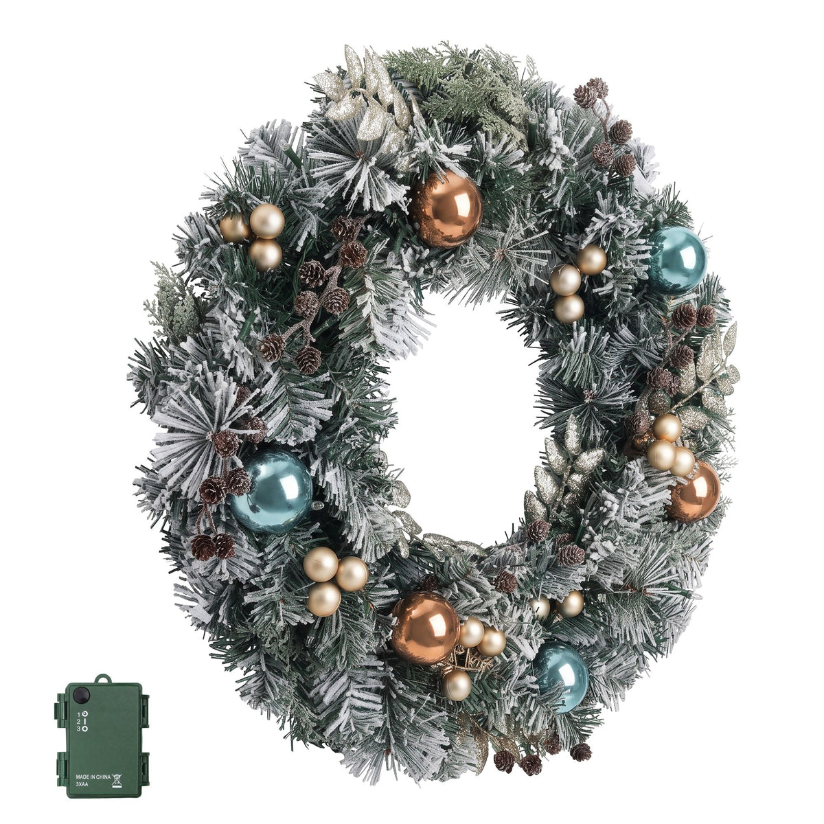 60cm Pre-Lit Snowy Frosted Christmas Door Wreath with 40 LEDs - Dimensions & Size Guide Diagram
