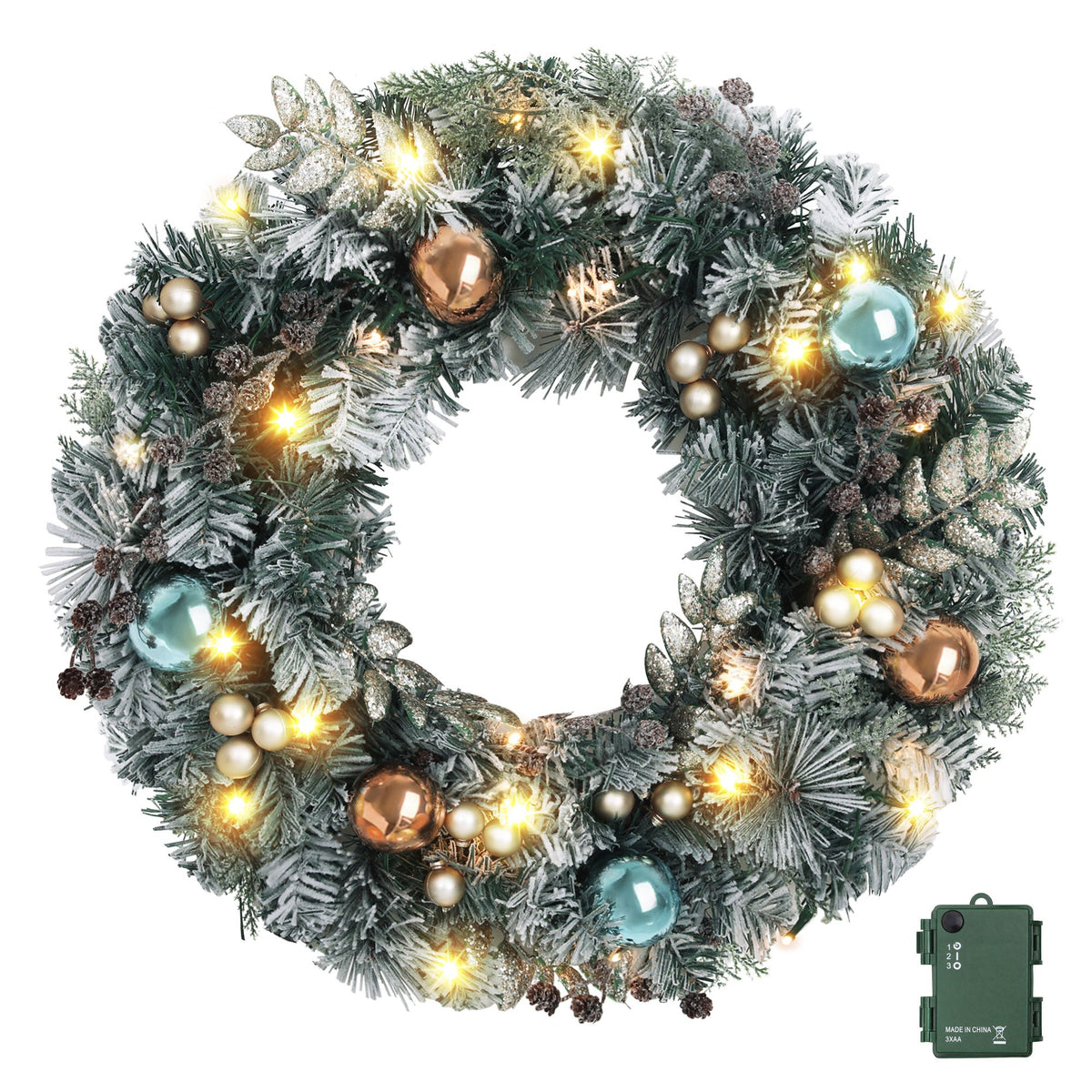 60cm Pre-Lit Snowy Frosted Christmas Door Wreath with 40 LEDs - Close-Up Weatherproof & LED Detail