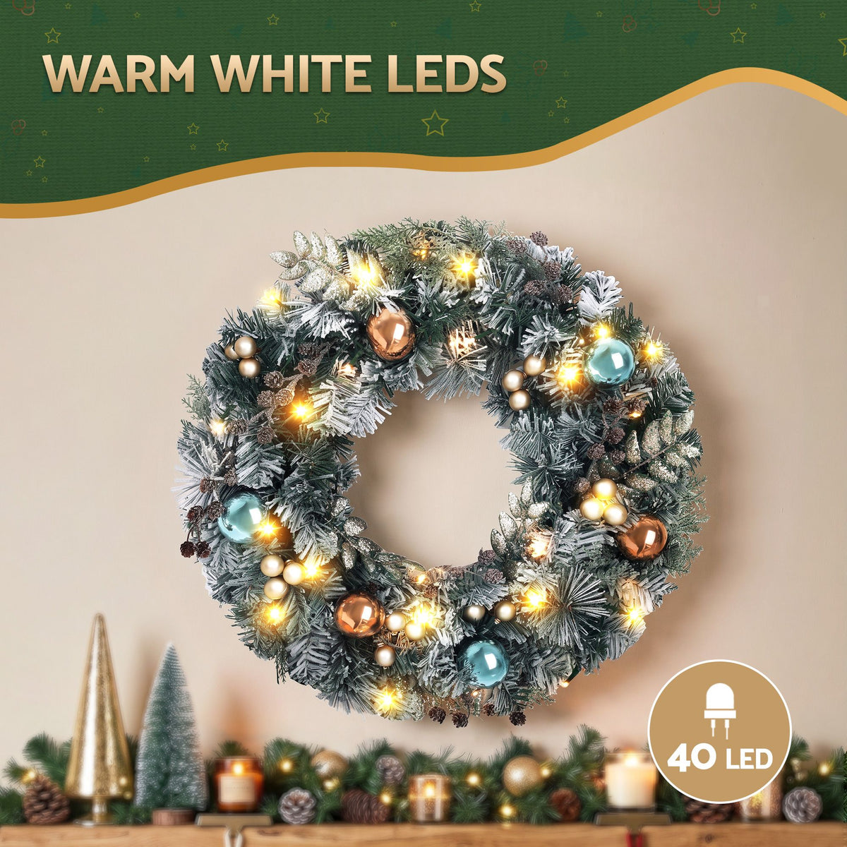 60cm Pre-Lit Snowy Frosted Christmas Door Wreath with 40 LEDs - Australian Backyard & Living Room Lifestyle View