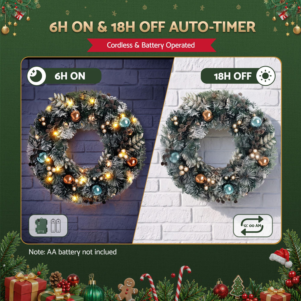 60cm Pre-Lit Snowy Frosted Christmas Door Wreath with 40 LEDs - Complete Package Contents & Accessories