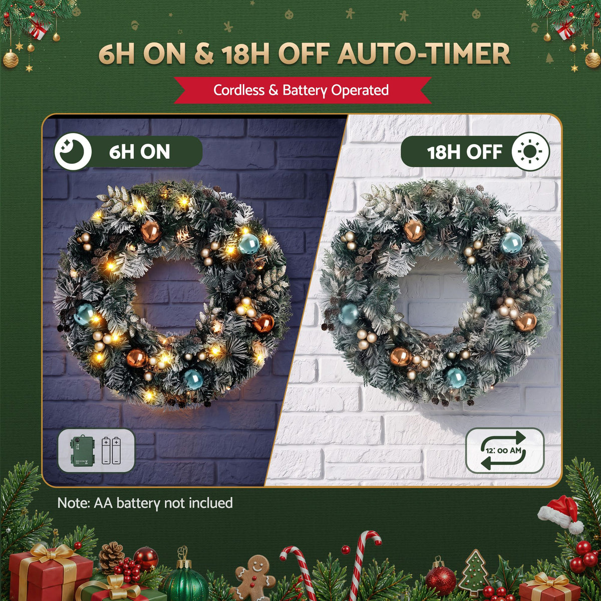 60cm Pre-Lit Snowy Frosted Christmas Door Wreath with 40 LEDs - Complete Package Contents & Accessories