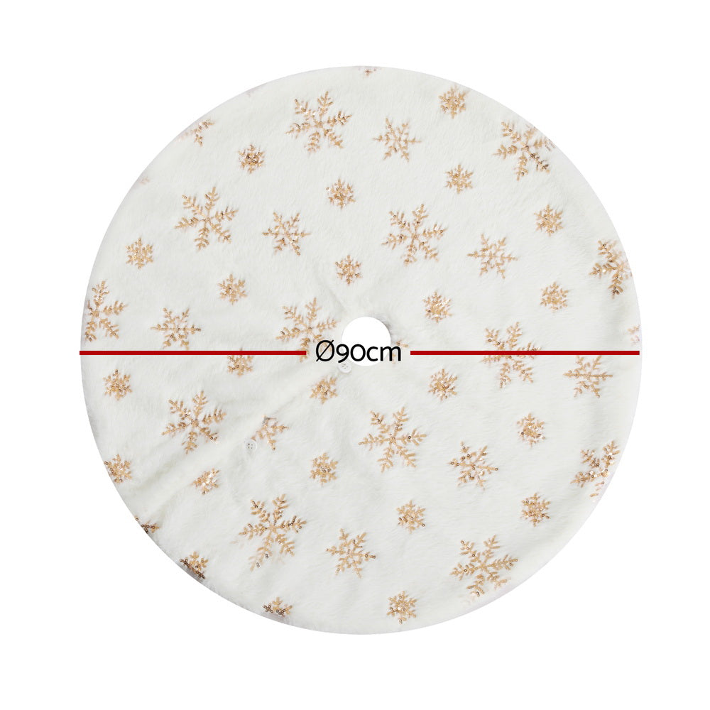 90cm Luxury Sequin Snowflake Plush Christmas Tree Skirt Mat - Night-Time LED Illumination Glow View | Jolly Wonderland Australia