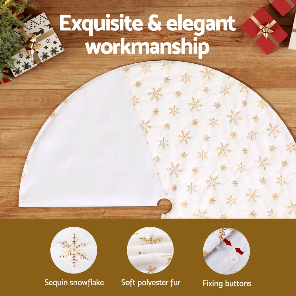 90cm Luxury Sequin Snowflake Plush Christmas Tree Skirt Mat - Close-Up Material & LED Detail View | Jolly Wonderland Australia