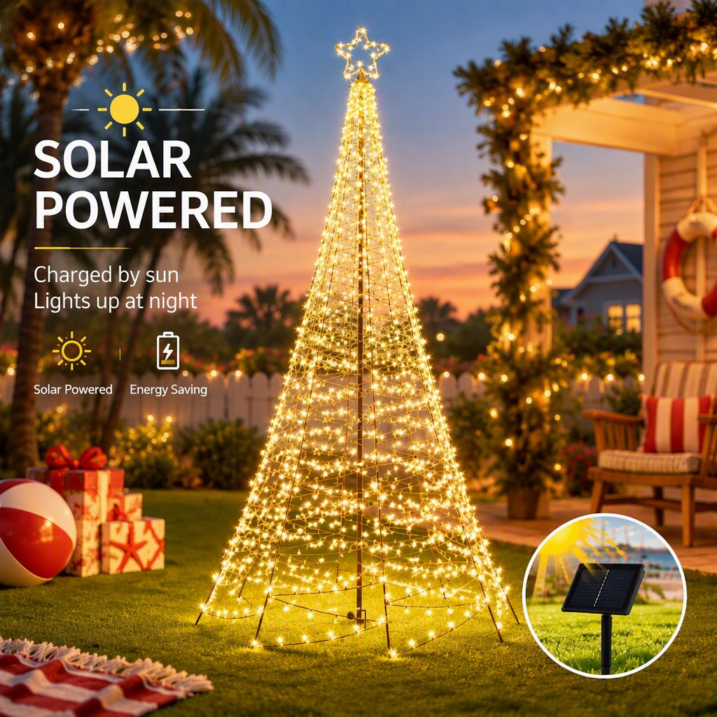 3.6m 12ft Solar LED Flagpole Outdoor Christmas Tree 800 Warm White LEDs - Illuminated Night-Time Outdoor Display View