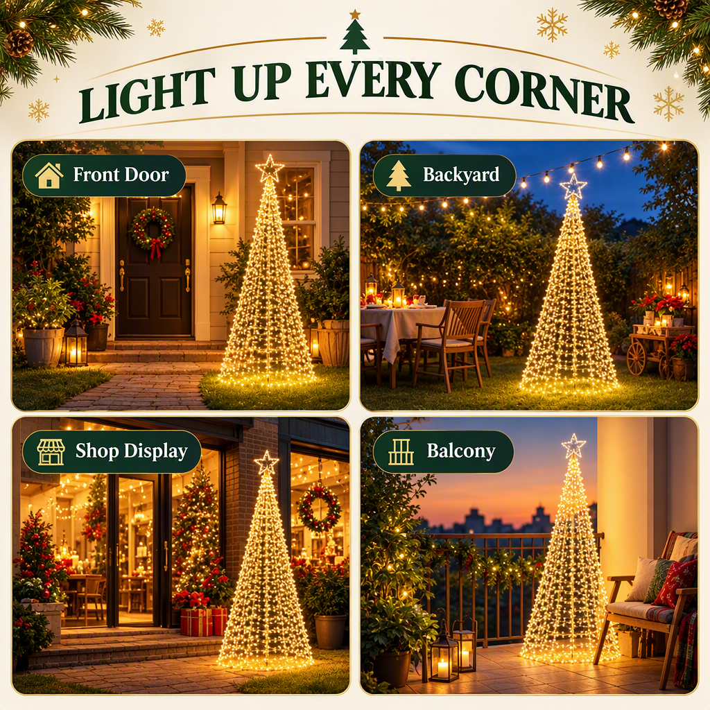 3.6m 12ft Solar LED Flagpole Outdoor Christmas Tree 800 Warm White LEDs - Close-Up Weatherproof & LED Detail