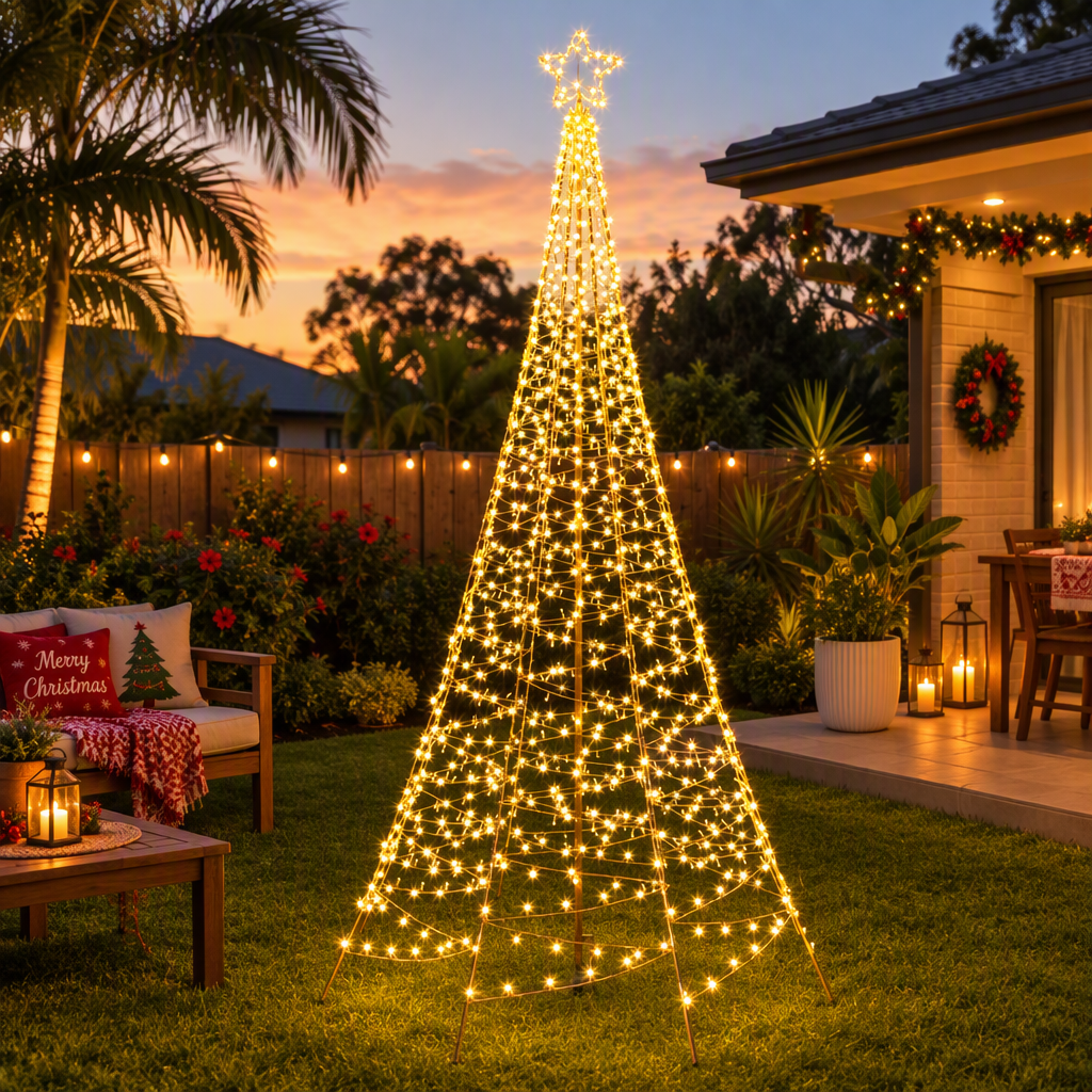 3.6m 12ft Solar LED Flagpole Outdoor Christmas Tree 800 Warm White LEDs - Australian Backyard & Living Room Lifestyle View