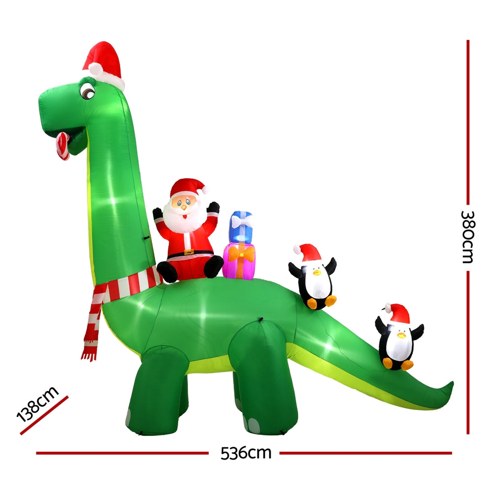 3.8m (13ft) Colossal Santa Dinosaur & Snowman LED Christmas Inflatable - Night-Time LED Illumination Glow View | Jolly Wonderland Australia