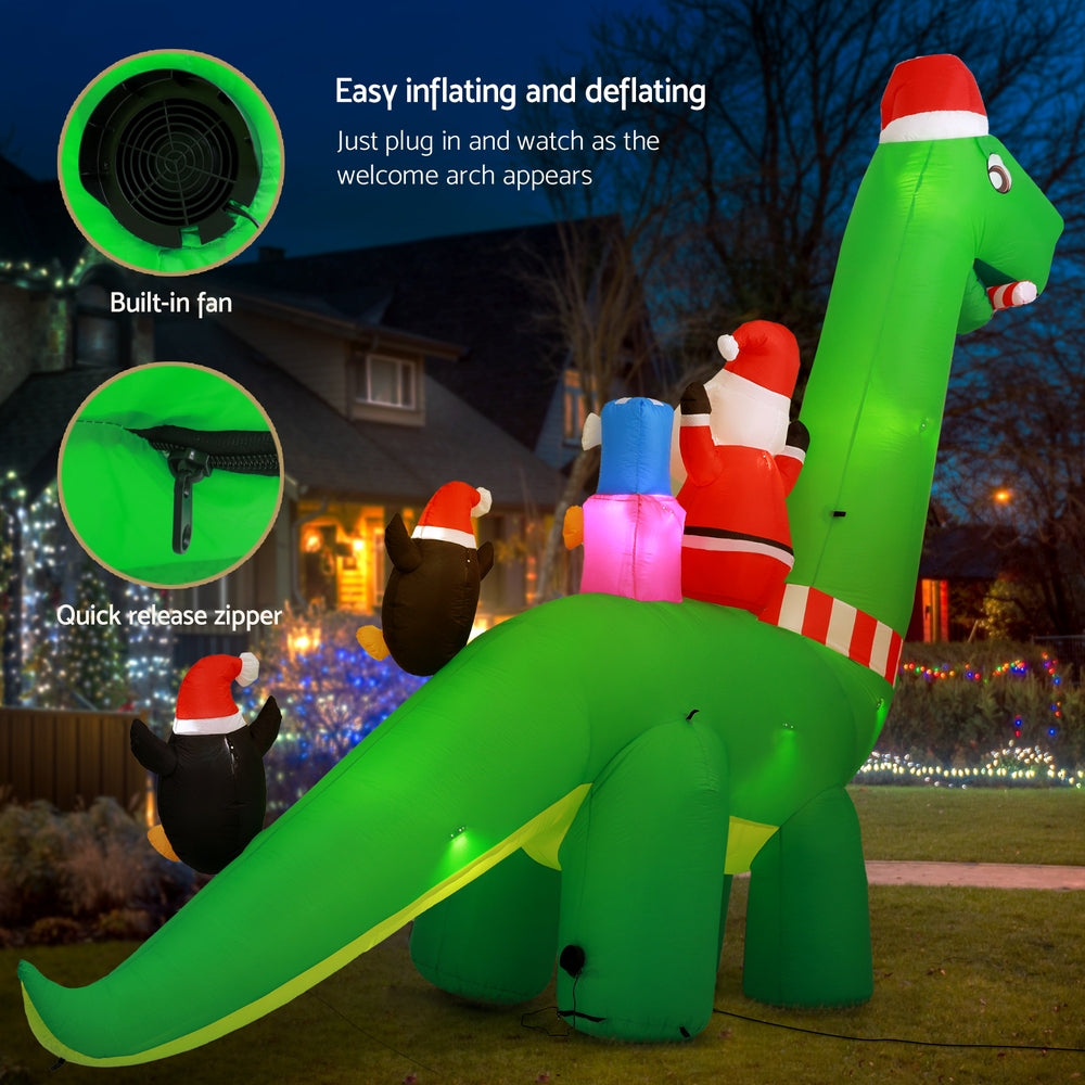 3.8m (13ft) Colossal Santa Dinosaur & Snowman LED Christmas Inflatable - Close-Up Material & LED Detail View | Jolly Wonderland Australia