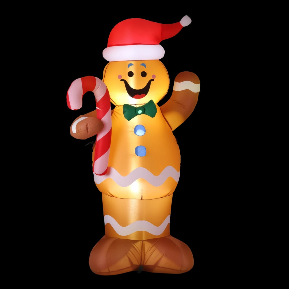 1.5m (5ft) LED Gingerbread Man & Candy Cane Christmas Inflatable - Close-Up Material & LED Detail View | Jolly Wonderland Australia