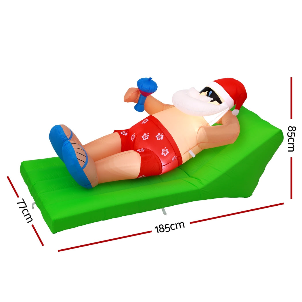 1.8m Aussie Summer Beach Santa LED Christmas Inflatable - Illuminated Night-Time Outdoor Display View