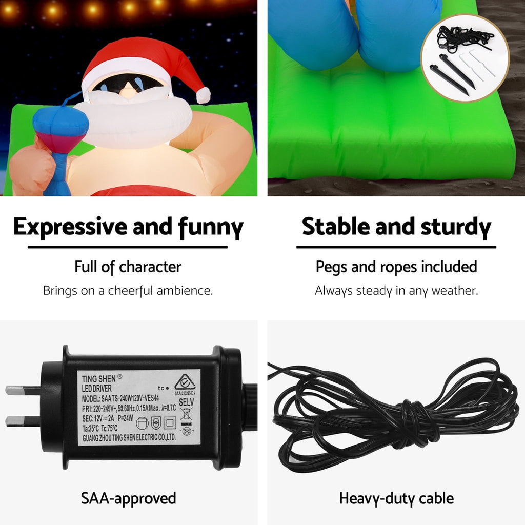 1.8m Aussie Summer Beach Santa LED Christmas Inflatable - Australian Backyard & Living Room Lifestyle View