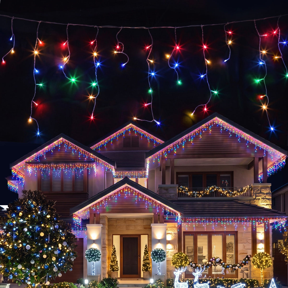12.5m 500-LED Solar Christmas Icicle Lights Multi-Colour - Main Studio Product View - Jolly Wonderland Australia