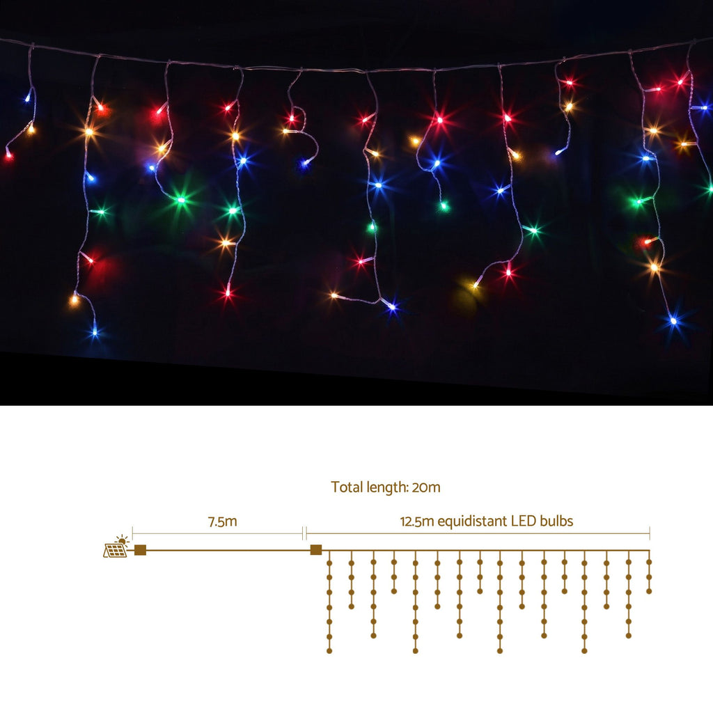 12.5m 500-LED Solar Christmas Icicle Lights Multi-Colour - Illuminated Night-Time Outdoor Display View