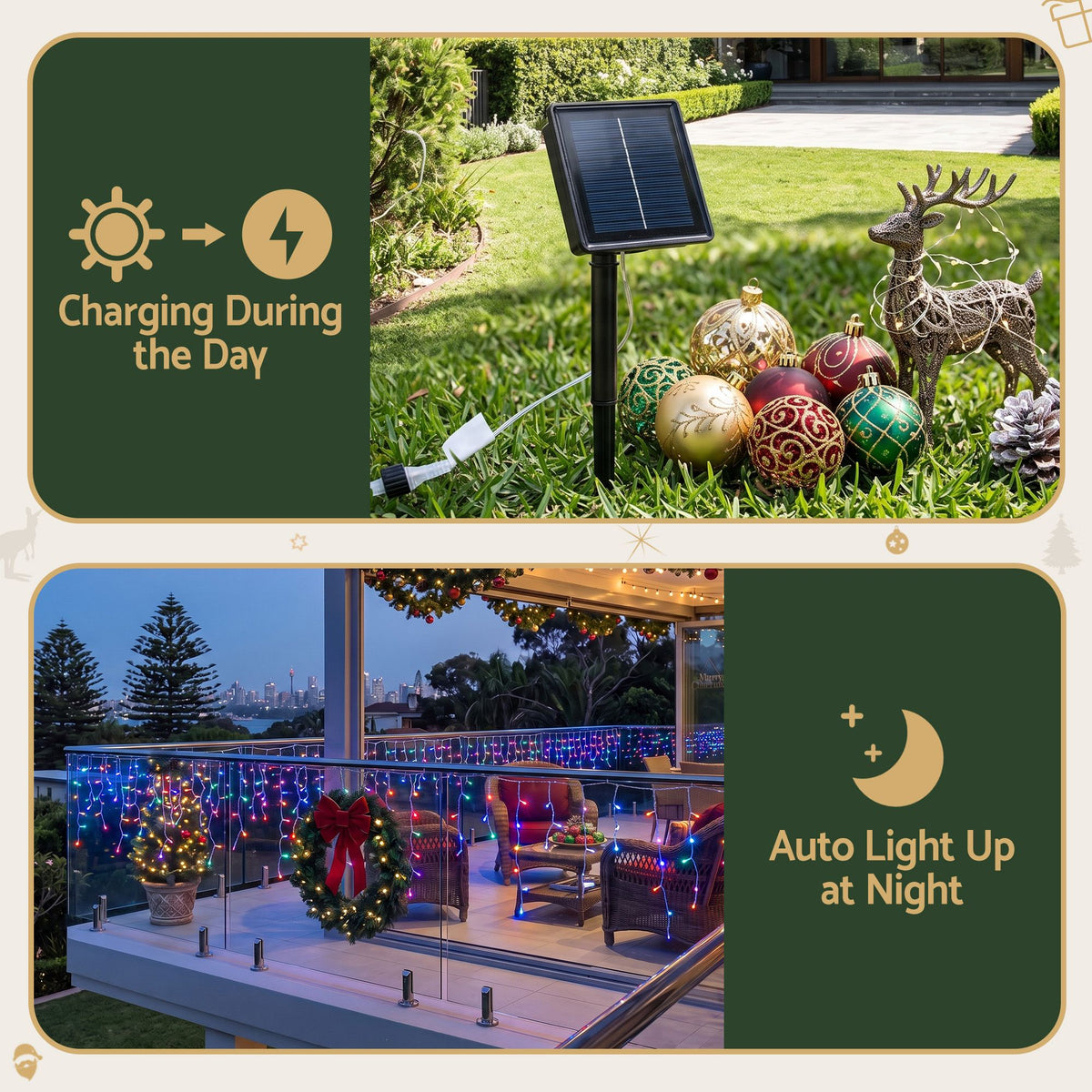12.5m 500-LED Solar Christmas Icicle Lights Multi-Colour - Close-Up Weatherproof & LED Detail