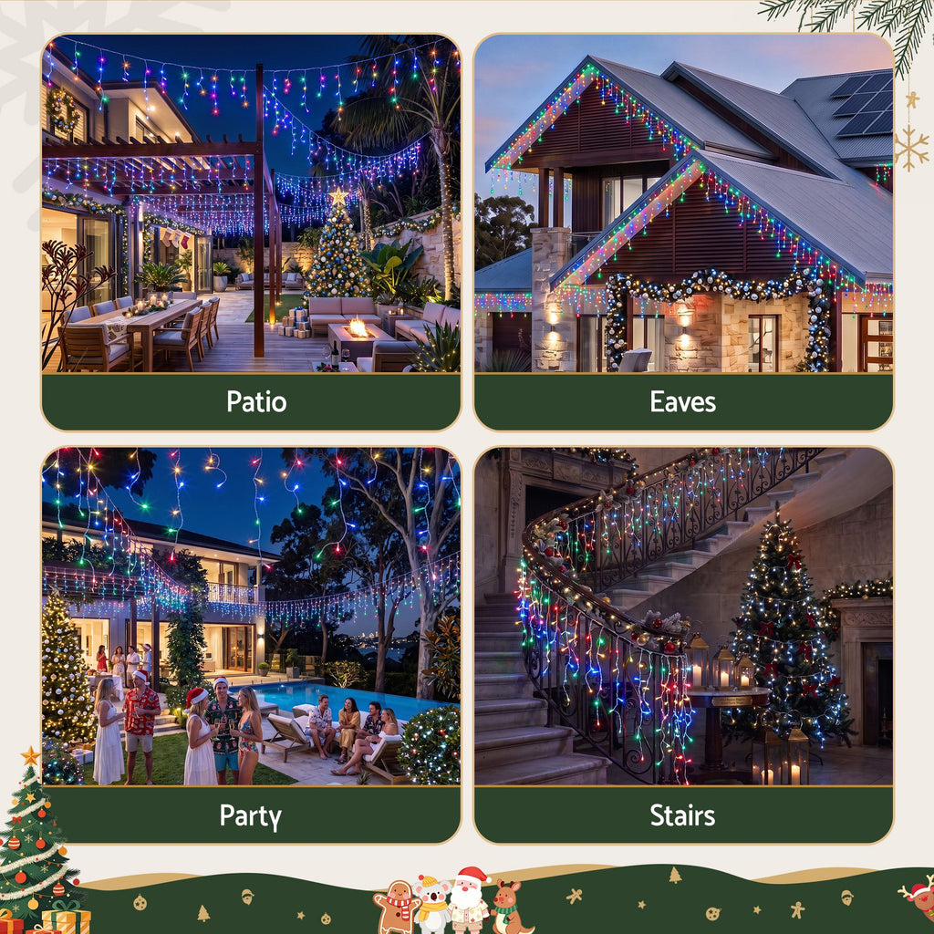 12.5m 500-LED Solar Christmas Icicle Lights Multi-Colour - Australian Backyard & Living Room Lifestyle View
