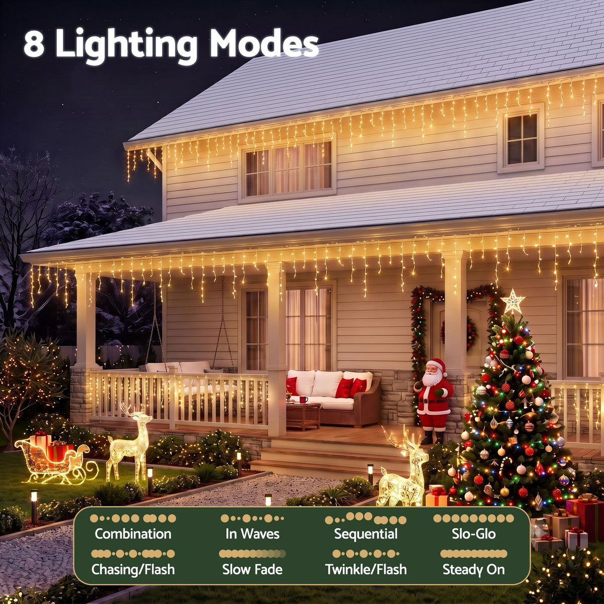 12.5m 500-LED Solar Christmas Icicle Lights Warm White - Close-Up Weatherproof & LED Detail