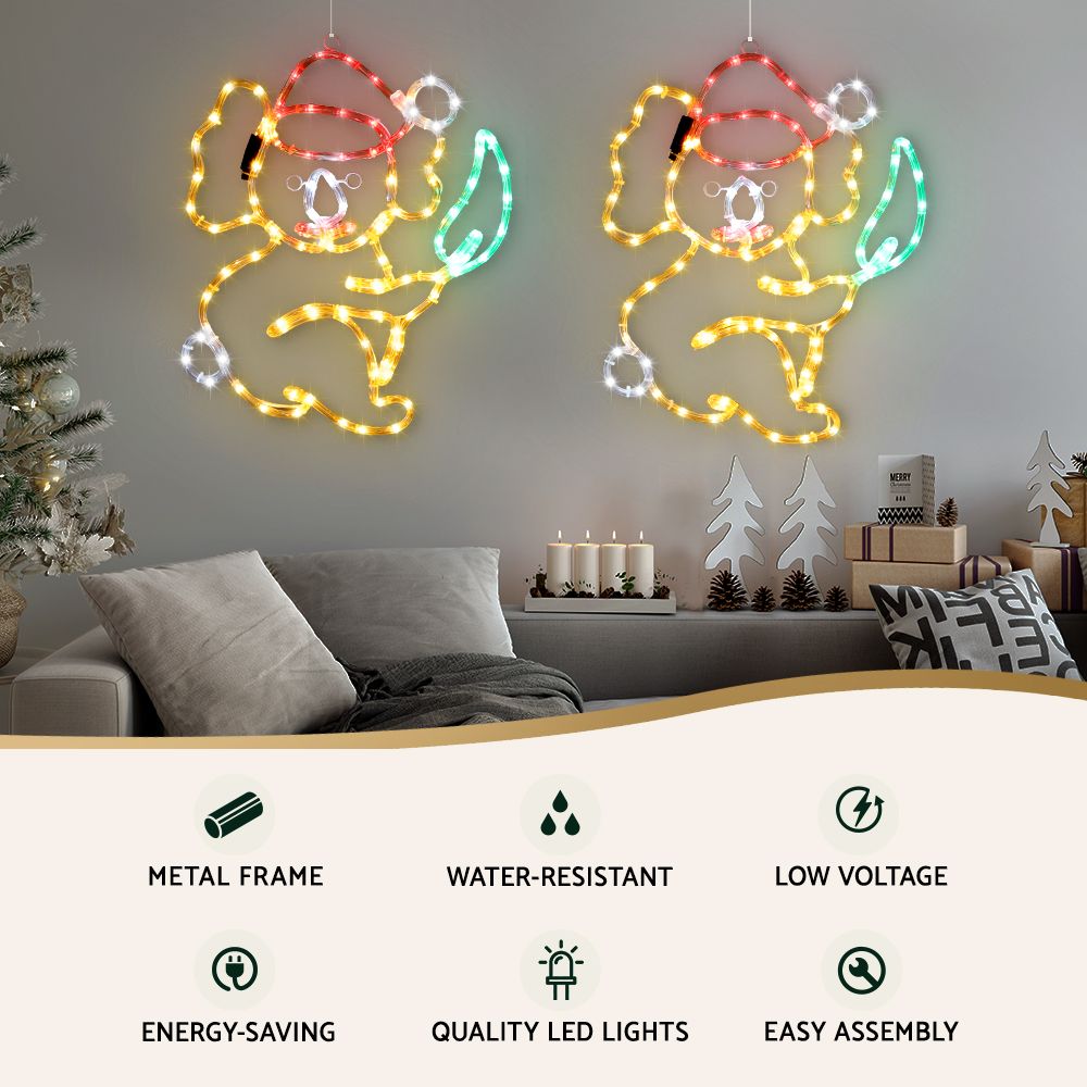2-Piece Aussie Koala Christmas LED Rope Light Yard Motif - Close-Up Weatherproof & LED Detail