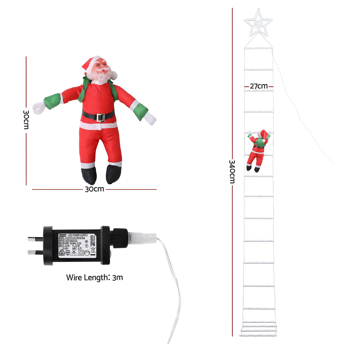 3.4m Climbing Santa Rope Ladder Christmas Lights 328 Warm White LEDs - Illuminated Night-Time Outdoor Display View