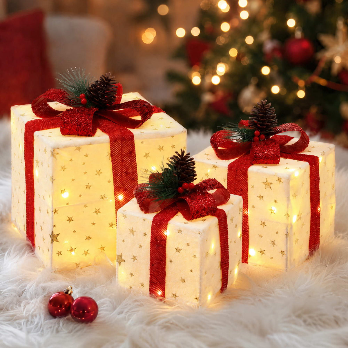 3-Piece Pre-Lit LED Woven Christmas Gift Boxes Set (48 Warm LEDs) - Front Main Product View | Jolly Wonderland Australia