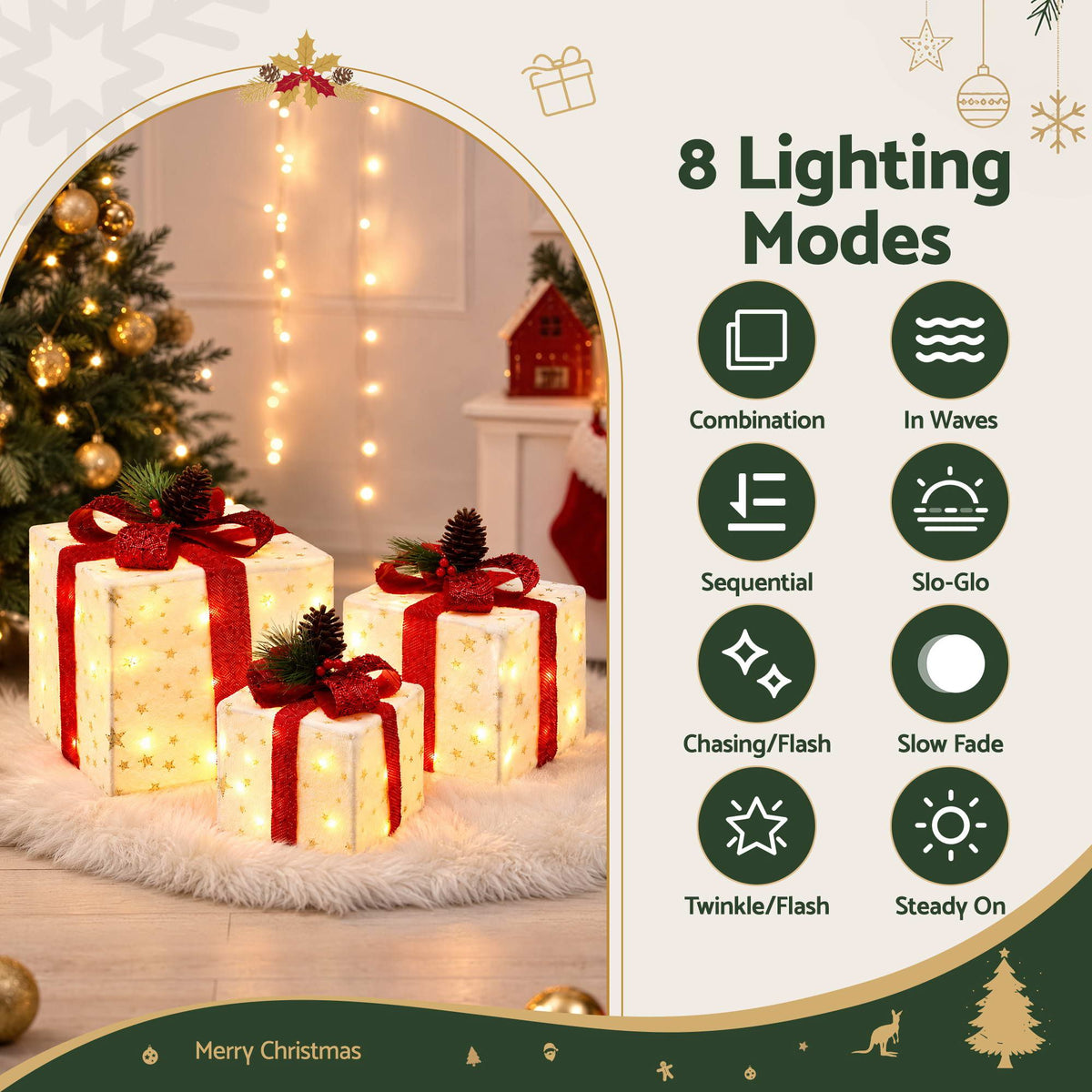 3-Piece Pre-Lit LED Woven Christmas Gift Boxes Set (48 Warm LEDs) - Night-Time LED Illumination Glow View | Jolly Wonderland Australia