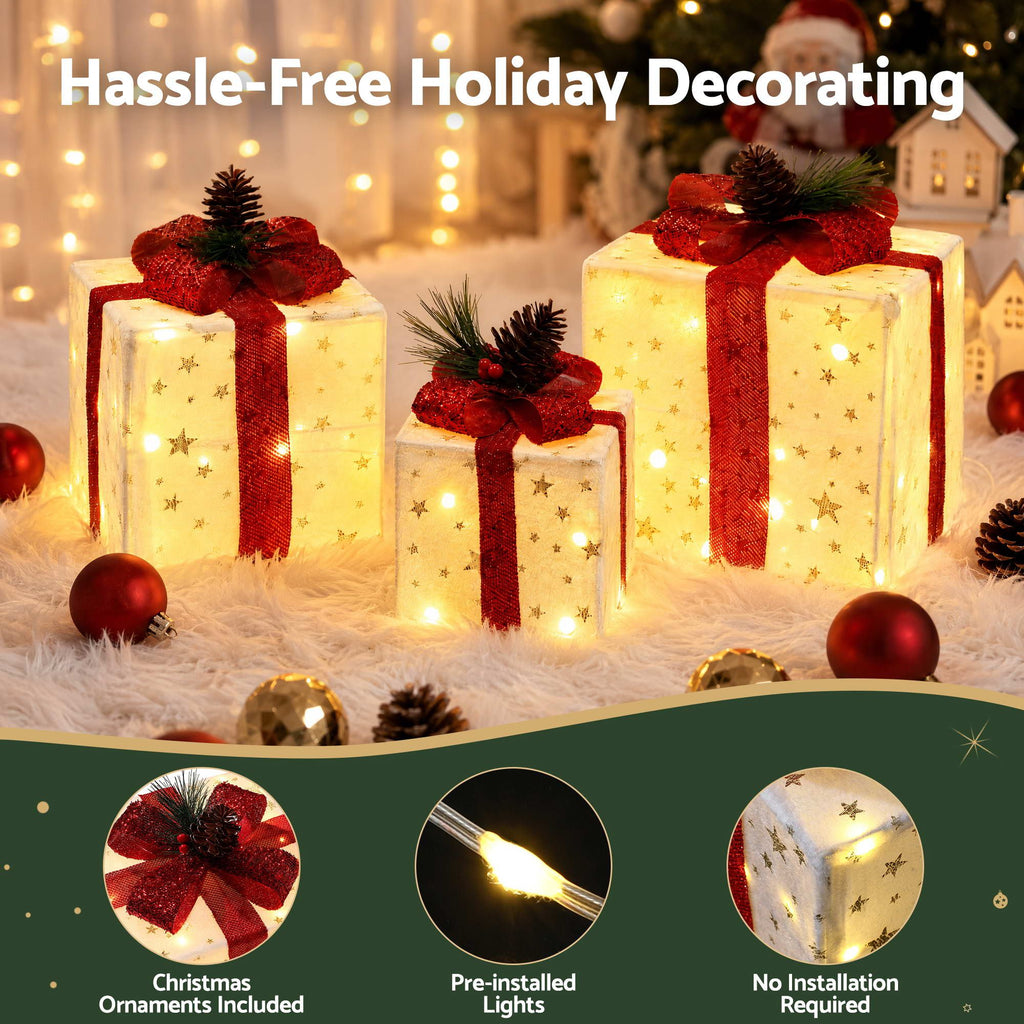 3-Piece Pre-Lit LED Woven Christmas Gift Boxes Set (48 Warm LEDs) - Close-Up Material & LED Detail View | Jolly Wonderland Australia