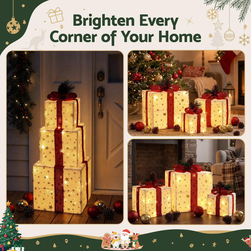 3-Piece Pre-Lit LED Woven Christmas Gift Boxes Set (48 Warm LEDs) - Full Dimensions & Size Reference Diagram | Jolly Wonderland Australia