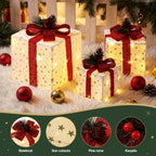 3-Piece Pre-Lit LED Woven Christmas Gift Boxes Set (48 Warm LEDs) - Complete Package Contents & Accessories View | Jolly Wonderland Australia