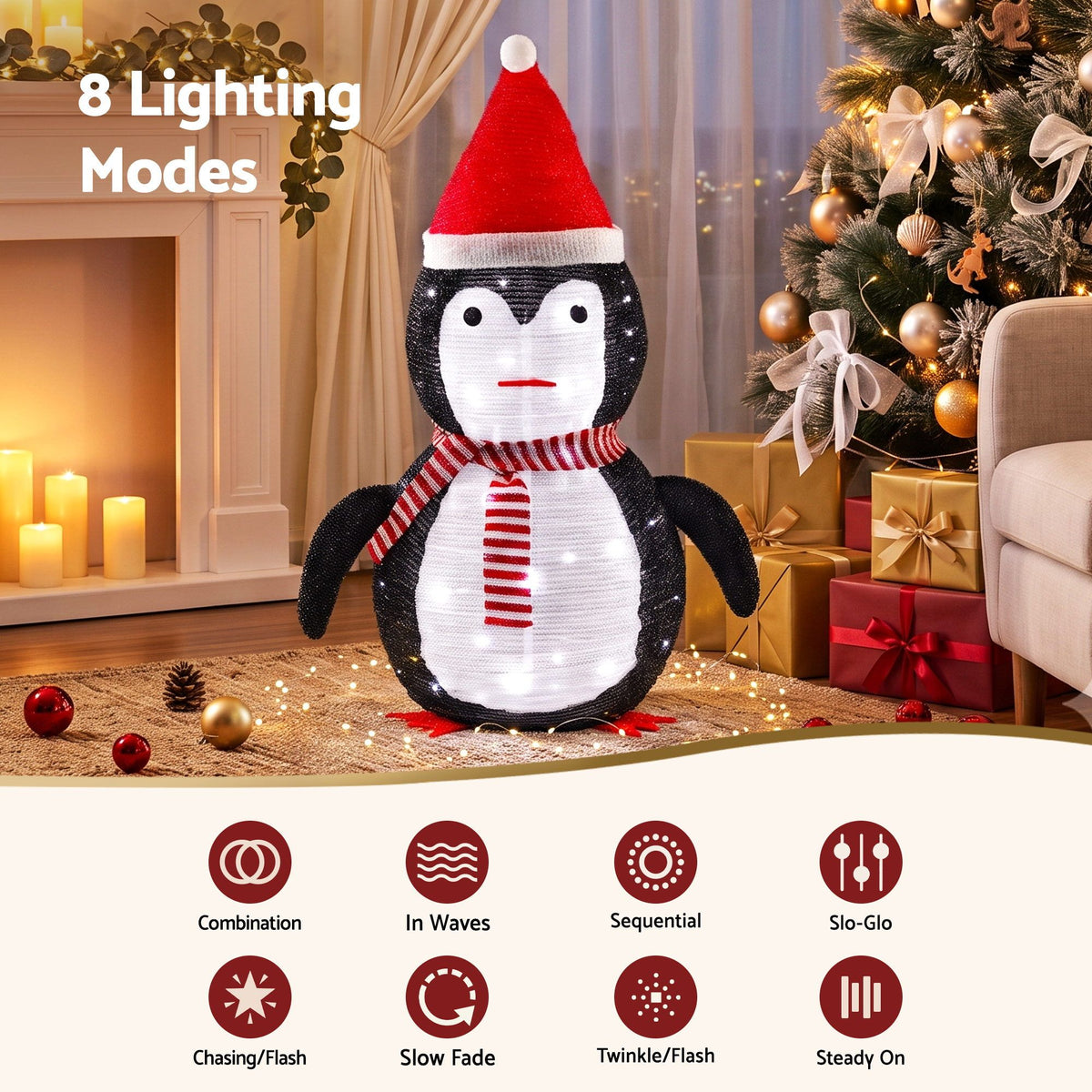 70cm Pop-Up 3D LED Christmas Penguin Display (45 LEDs, 8 Modes) - Australian Garden & Living Room Lifestyle Setup | Jolly Wonderland Australia