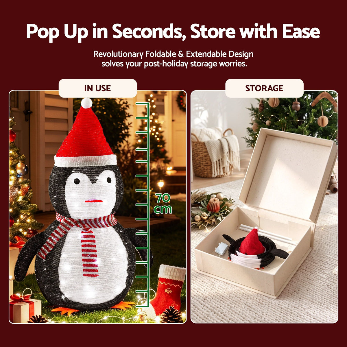 70cm Pop-Up 3D LED Christmas Penguin Display (45 LEDs, 8 Modes) - Close-Up Material & LED Detail View | Jolly Wonderland Australia