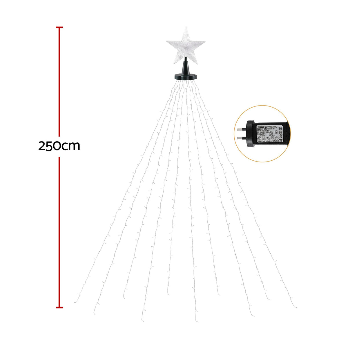 2.5m Star Topper Waterfall Christmas Tree Fairy Lights (300 LEDs) - Night-Time LED Illumination Glow View | Jolly Wonderland Australia