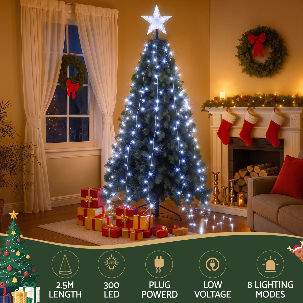 2.5m Star Topper Waterfall Christmas Tree Fairy Lights (300 LEDs) - Full Dimensions & Size Reference Diagram | Jolly Wonderland Australia