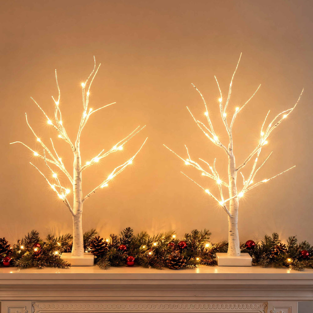2-Pack 60cm Pre-Lit Warm White LED Birch Twig Branch Trees (48 LEDs) - Front Main Product View | Jolly Wonderland Australia