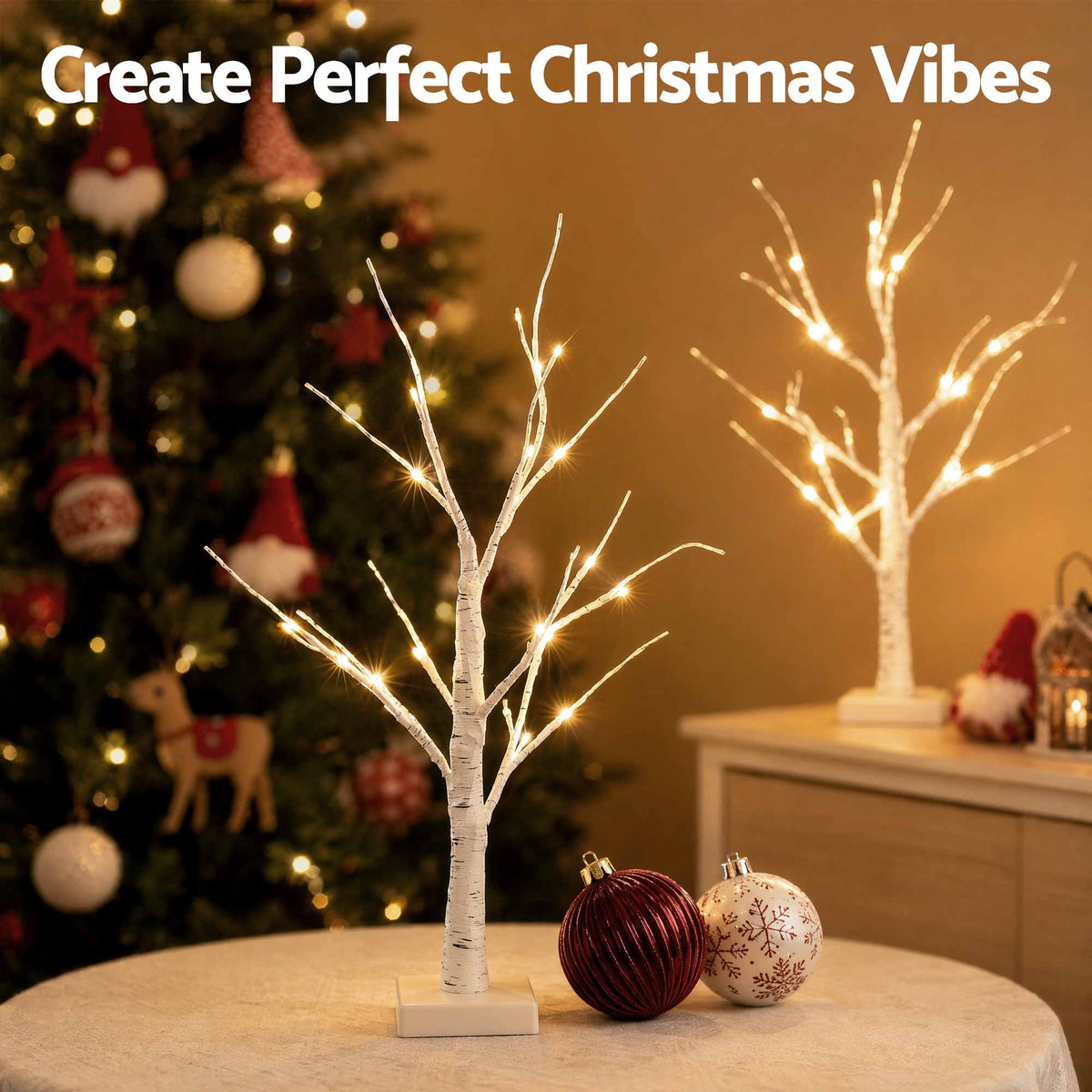 2-Pack 60cm Pre-Lit Warm White LED Birch Twig Branch Trees (48 LEDs) - Australian Garden & Living Room Lifestyle Setup | Jolly Wonderland Australia